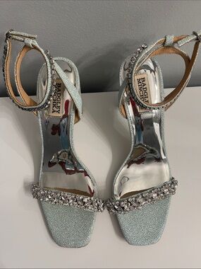 Badgley Mischka Silver Crystal-Embellished Strappy Heels
